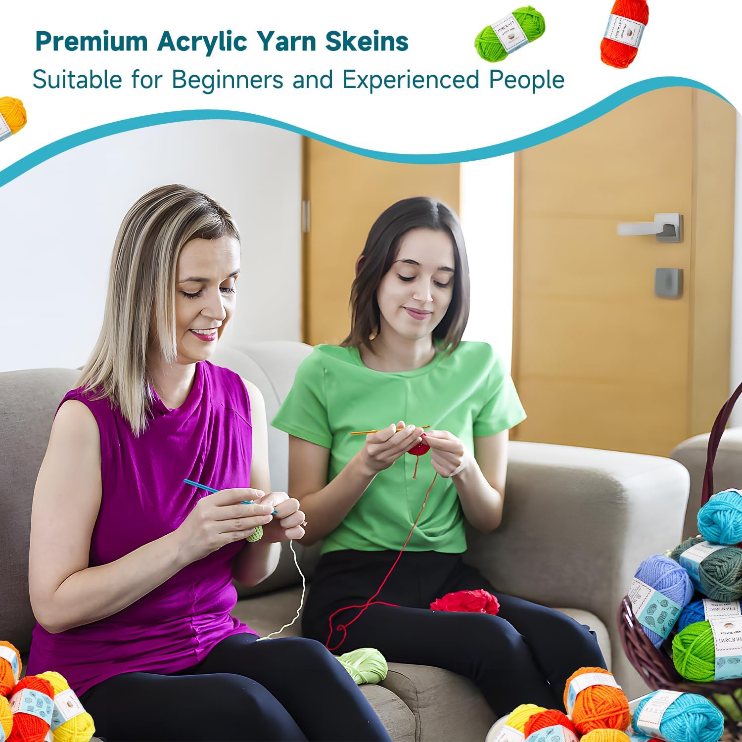 Inscraft 52 Acrylic Yarn Skeins. 1820 Yards 52 Colors. 2 Crochet Hooks. 2 Weaving Needles. 10 Stitch Markers. 1 Bag. for Crocheting & Knitting. Gift Beginners and Adults - Image 6