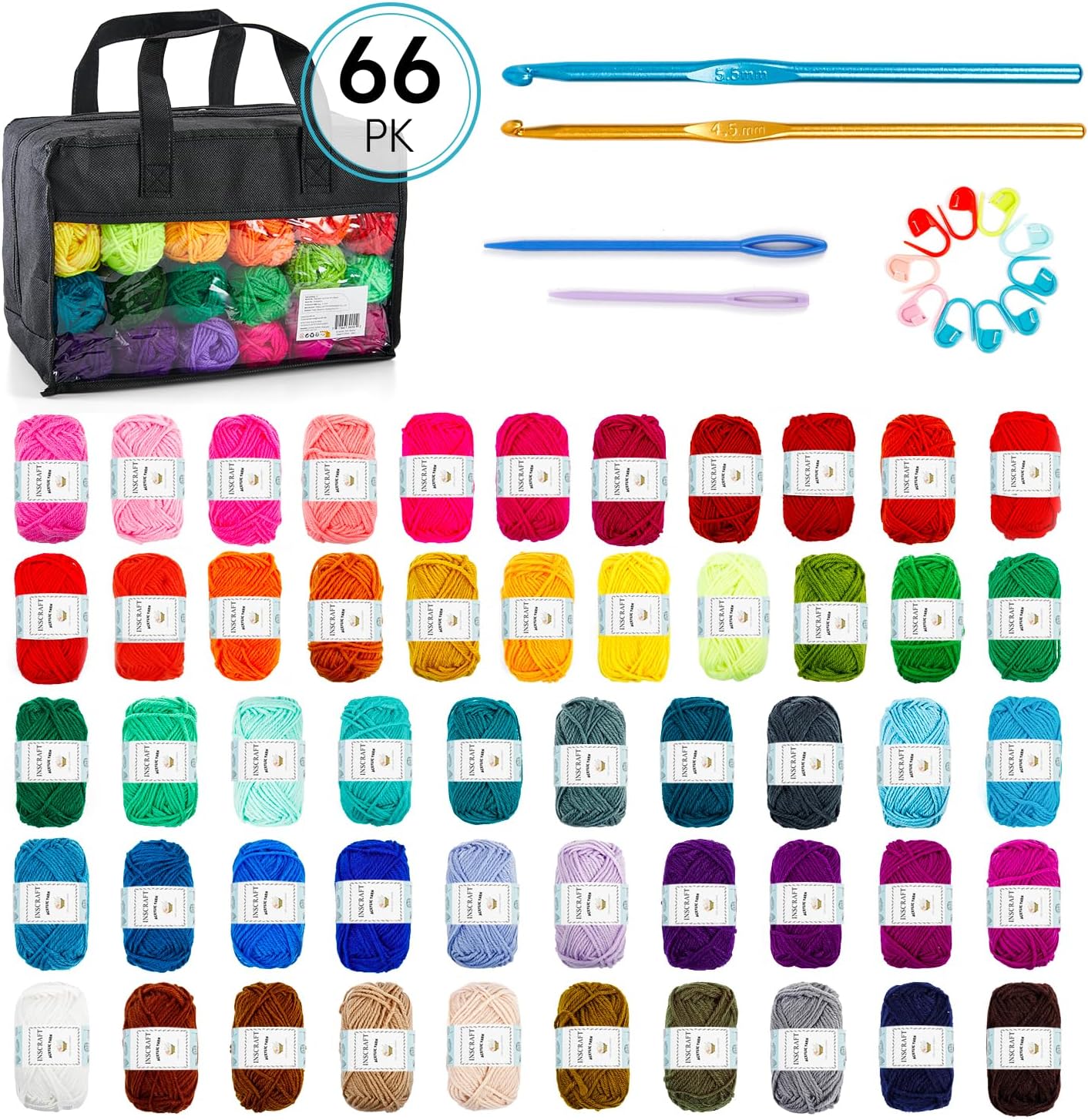 Inscraft 52 Acrylic Yarn Skeins. 1820 Yards 52 Colors. 2 Crochet Hooks. 2 Weaving Needles. 10 Stitch Markers. 1 Bag. for Crocheting & Knitting. Gift Beginners and Adults - Image 2